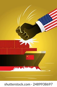 Businessman’s hand smashes down to a cargo ship from China. Representing the tense relation between China and U.S.A. due the Trade War