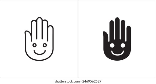 Eine Hand mit Smiley-Gesicht-Ikone. Ikone für Wohltätigkeit, Spende, Mitgefühl, Solidarität und humanitäre Hilfe. Vektorgrafik Stock-Logo-Illustration im flachen und Liniendesign-Stil.