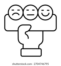 Mão com smileys ícone de linha fina, conceito de moodboard. Gráficos vetoriais. Adesivos na mão assinam no fundo branco, ícone de estilo de contorno para design móvel ou web