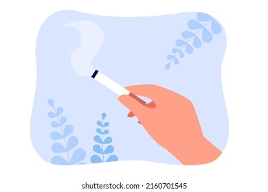 Hand Of Smoker Holding Cigarette With Smoke. Person Smoking Flat Vector Illustration. Addiction, Health, Bad Habits Concept For Banner, Website Design Or Landing Web Page