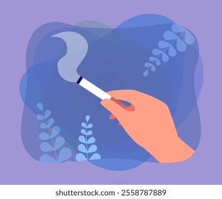 Hand of smoker holding cigarette with smoke. Person smoking flat vector illustration. Addiction, health, bad habits concept for banner, website design or landing web page