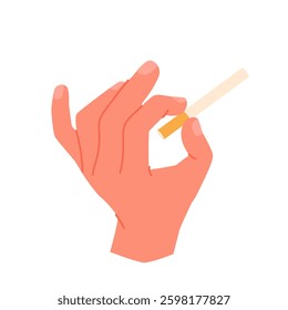 Hand of smoker holding cigarette to smoke. Fingers of male character hold lit cigarette with ash on end, smoking gesture of man with toxic nicotine addiction and bad habit cartoon