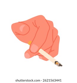 Hand of smoker holding cigarette to smoke. Fingers of male character hold lit cigarette with ash on end, smoking gesture of man with toxic nicotine addiction and bad habit cartoon vector illustration