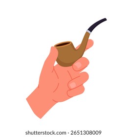Mão de fumante homem segurando clássico cachimbo marrom com cigarro para fumar. Dedos do personagem masculino segurar Sherlocks tubo para o lazer elegante com ilustração de vetor de desenhos animados acessórios retro