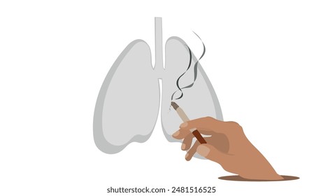 Hand with smoking cigarette against background of contaminated diseased lungs, harmful habit of smoking leading to diseases of internal organs, contaminated lungs of smoker