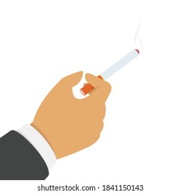 Hand with a smoking cigarette.  Businessmen hand holding cigarette isolated on white background. Bad habits. Dangers of smoking. Vector illustration EPS 10.