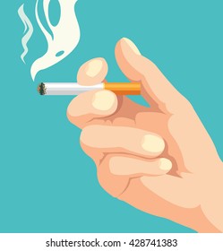 Hand With Smoking Cigarette. Vector Flat Cartoon Illustration