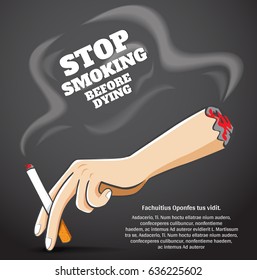 Hand with smoking cigarette. Vector flat cartoon