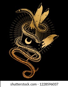 Hand with snake bohemian illustration. Tattoo art style. Decorative drawing in flash tattoo style