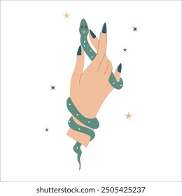 Hand with snake. Esoteric magic hands with snake, moon and stars isolated on white background. Mystical astrology vector flat illustration.