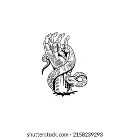 Hand And Snake Line Art Illustration, Perfect For Logos, Icons, Mascots, Screen Printing, Etc