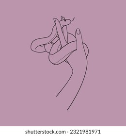 Hand with a snake in line art style on a pink background. Wild animals. Esoterics elements, witch mysticism. Vector outline illustration