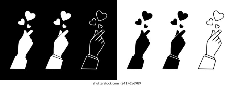 Hand snaps fingers creating hearts. Concept of romance and love. Vector icon.
