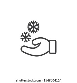 Hand and snowflake line icon. linear style sign for mobile concept and web design. Mitten and snowflake outline vector icon. Christmas symbol, logo illustration. Vector graphics