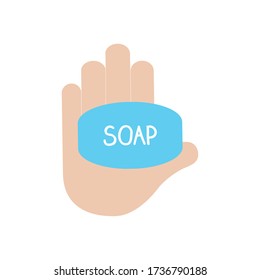 hand with soap bar icon over white background, flat style, vector illustration
