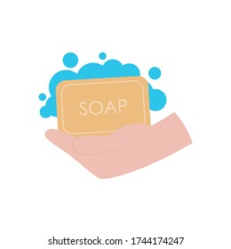 hand with soap bar icon over white background, flat style, vector illustration