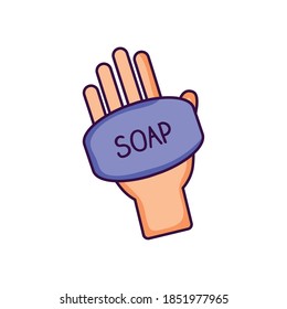 hand with soap bar icon over white background, flat style, vector illustration