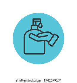 hand with soap bottle icon over white background, block line style, vector illustration