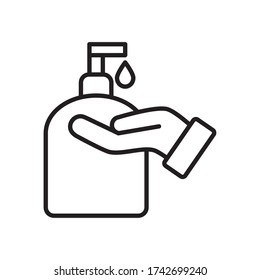 hand with soap bottle icon over white background, line style, vector illustration