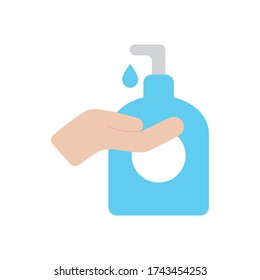 hand and soap bottle icon over white background, flat style, vector illustration