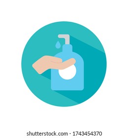 hand and soap bottle icon over white background, block style, vector illustration