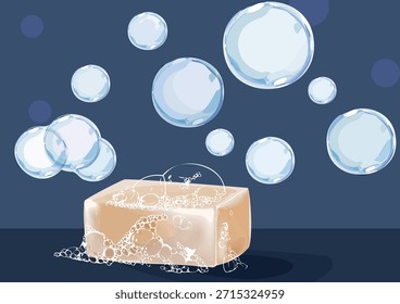 Jabón de manos cubierto de espuma y burbujas