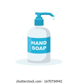 Hand soap. Disinfectant flat icon. Liquid soap in plastic pump bottle. Washing hands with soap. Hygiene product. Template for fighting bacteria and dirt. Vector illustration flat design.