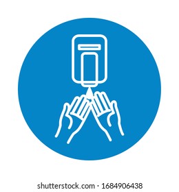 hand soap dispenser and hands icon over white background, block style, vector illustration