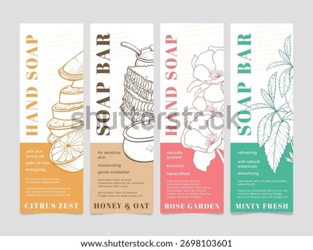 Hand soap labels featuring unique scents and natural ingredients for effective cleansing