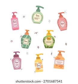 Jabón de mano y botella de loción ilustración plana. Colección de Vector de empaquetado de la botella de la bomba cosmética.