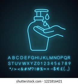 Hand soap neon light icon. Liquid antibacterial soap. Hands disinfection. Glowing sign with alphabet, numbers and symbols. Vector isolated illustration