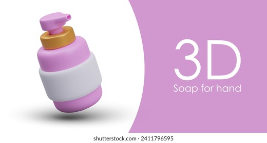 Hand soap. Pink 3D pump bottle with white label. Cute packaging for liquid detergent. Daily hygiene care. Isolated illustration on white background in glamor style