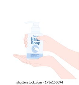 hand with hand soap pump bottle. hand disinfectant. diseases prevention. personal healthcare. product advertisement. illustration vector.