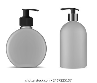 Hand soap pump bottle mockup. Shampoo dispenser package. 3d vector blank. Beauty and hygiene product pack design. Skin care conditioner gel pet package