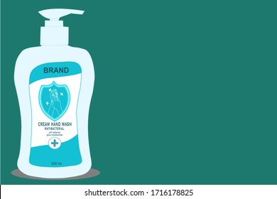 Hand soap pump bottle with text on label on the green background. Packaging design. Advertising of hand sanitizer. Hand disinfectant. Personal hygiene. Illustration vector. Sanitizing container.