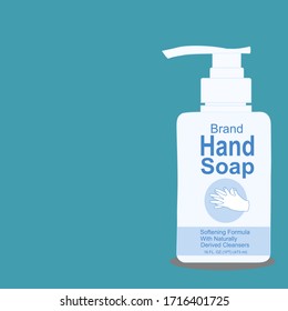 Hand soap pump bottle with text on label on the green background. Packaging design. Advertising of hand sanitizer. Hand disinfectant. Personal hygiene. Illustration vector. Sanitizing container.