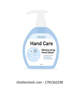 Hand soap pump bottle with text on label on the white background. Packaging design. Advertising of hand sanitizer. Hand disinfectant. Personal hygiene. Sanitizing container.