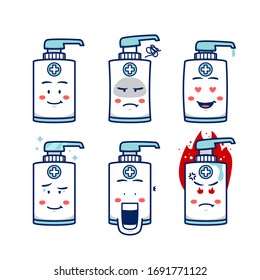 hand soap sanitizer mascot character with expression smile, angry, upset, love, astonished, mad, and frowned in cartoon vector illustration