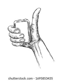 Hand with Soap Showing Symbol Like in Sketch Style. Making Thumb Up Gesture. Disinfectant, Hygiene Sanitary, Clean, Wash, Disinfect Concept. Vector Illustration.