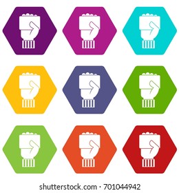 Hand of soccer referee showing card icon set many color hexahedron isolated on white vector illustration