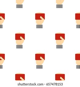 Hand of soccer referee showing red card pattern seamless background in flat style repeat vector illustration
