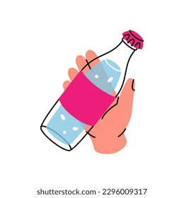 Hand mit der Seidenflasche Ikone. Leere Silhouette aus Glas oder Plastikflaschen. Vektorgrafik.