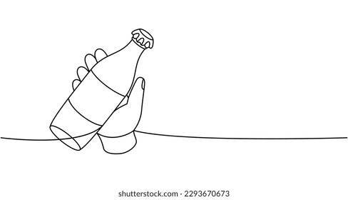 Hand with soda bottle one line continuous drawing. Empty glass or plastic bottle continuous one line illustration. Vector linear illustration.