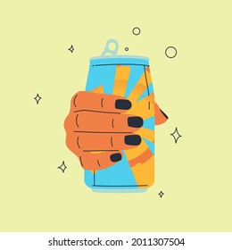 Hand with soda can cartoon illustration. Vector flat and line design. Funny abstract character on the can. 
