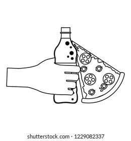 Hand with soda and pizza black and white