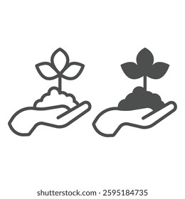 Hand with soil and leaf plant line and solid icon, climate change concept. Vector graphics. Leaves plant in hand sign on white background, outline style icon for mobile or web design