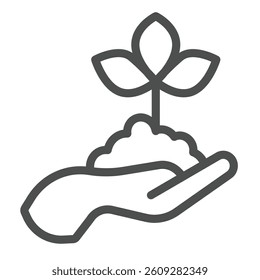 Hand with soil and leaf plant line icon, climate change concept. Vector graphics. Leaves plant in hand sign on white background, outline style icon for mobile or web design