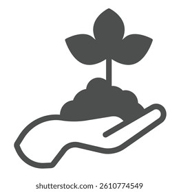 Hand with soil and leaf plant solid icon, climate change concept. Vector graphics. Leaves plant in hand sign on white background, glyph style icon for mobile or web design