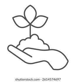 Hand with soil and leaf plant thin line icon, climate change concept. Vector graphics. Leaves plant in hand sign on white background, linear style icon for mobile or web design