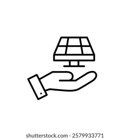 Hand and solar panel. Alternative energy sources for sustainable living. Pixel perfect vector icon